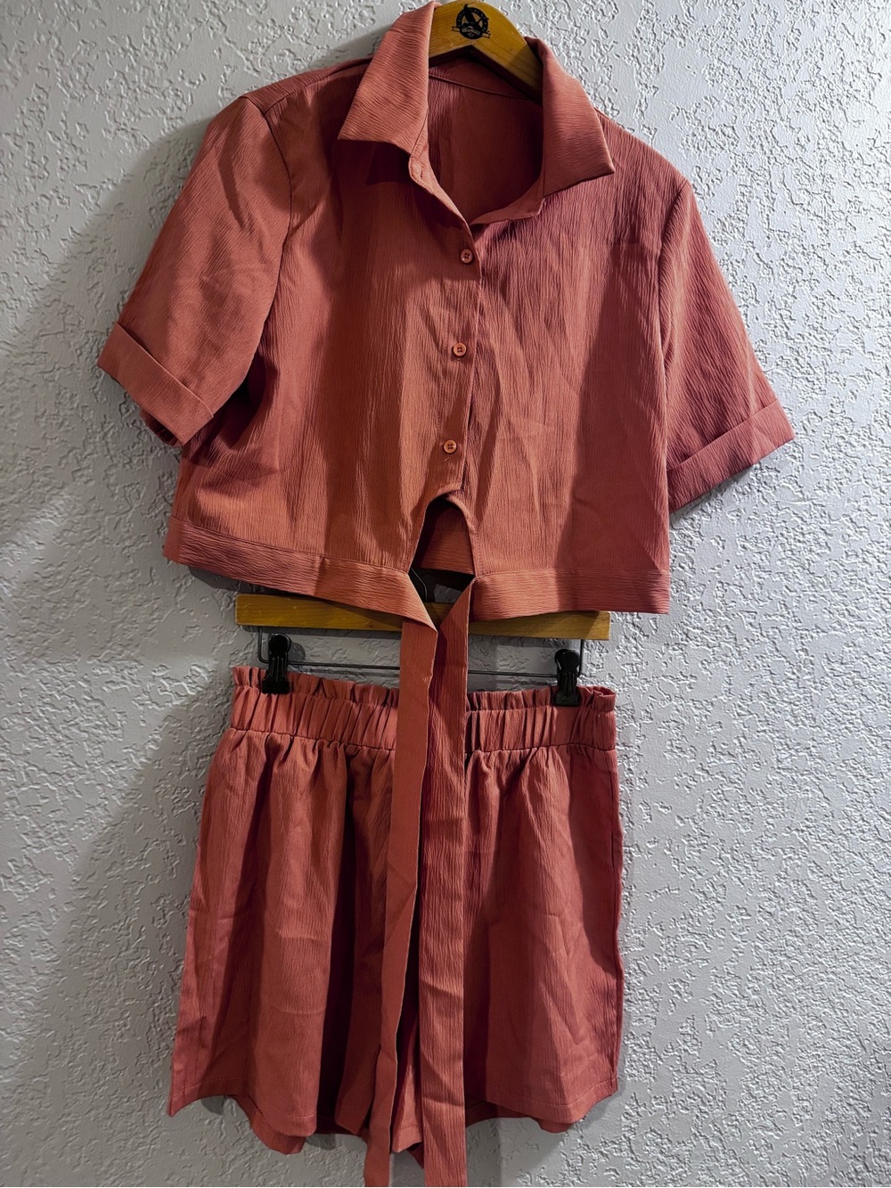 Cropped Tie-Front Shorts Set - Rust Pink